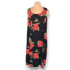 Vintage 90s Maxi Dress Black Red Dark Floral Detail Sleeveless Scoopneck Large